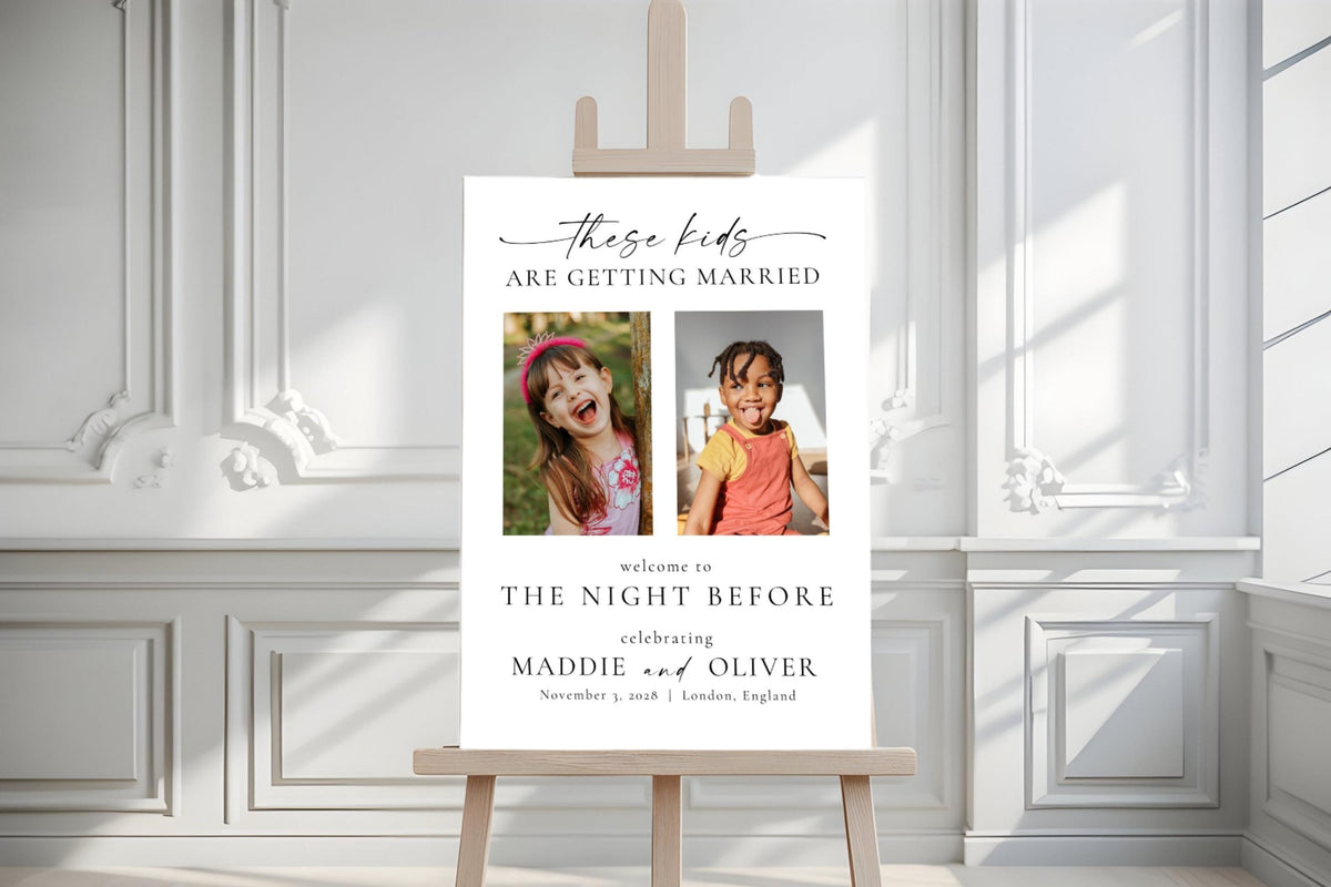 Editable Canva wedding welcome sign template with couple’s photos, These Kids Are Getting Married rehearsal dinner sign, modern engagement party printable decor