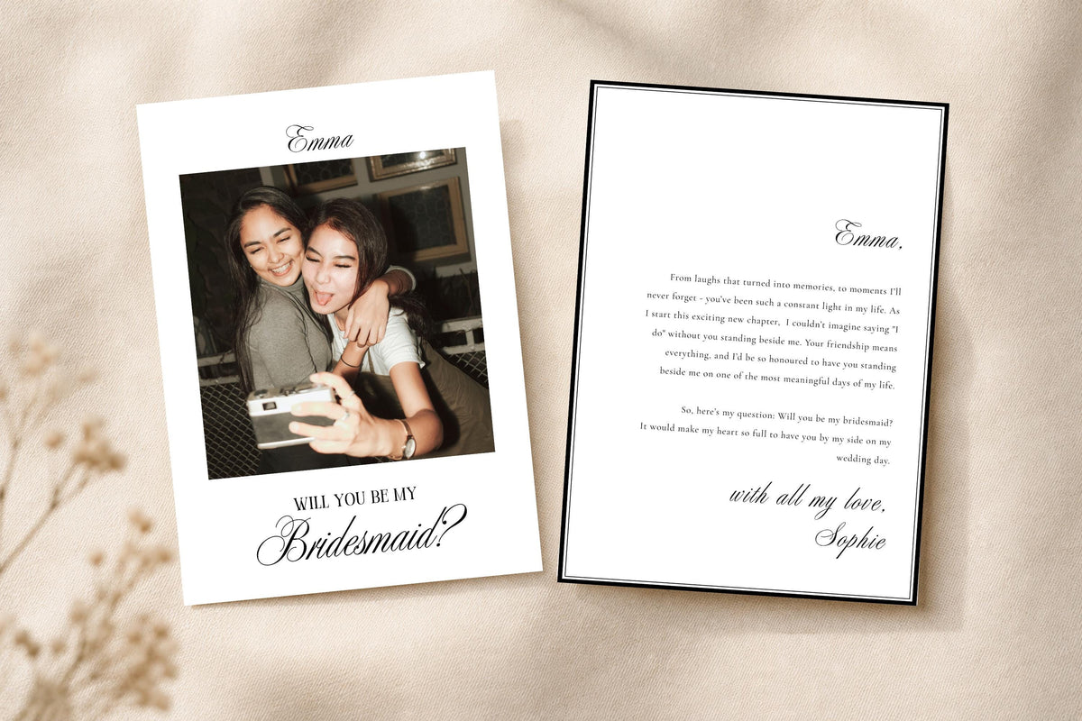 Editable bridesmaid proposal card Canva template with Polaroid photo, printable maid of honour proposal card, modern minimalist bridesmaid proposal gift, editable wedding party card download