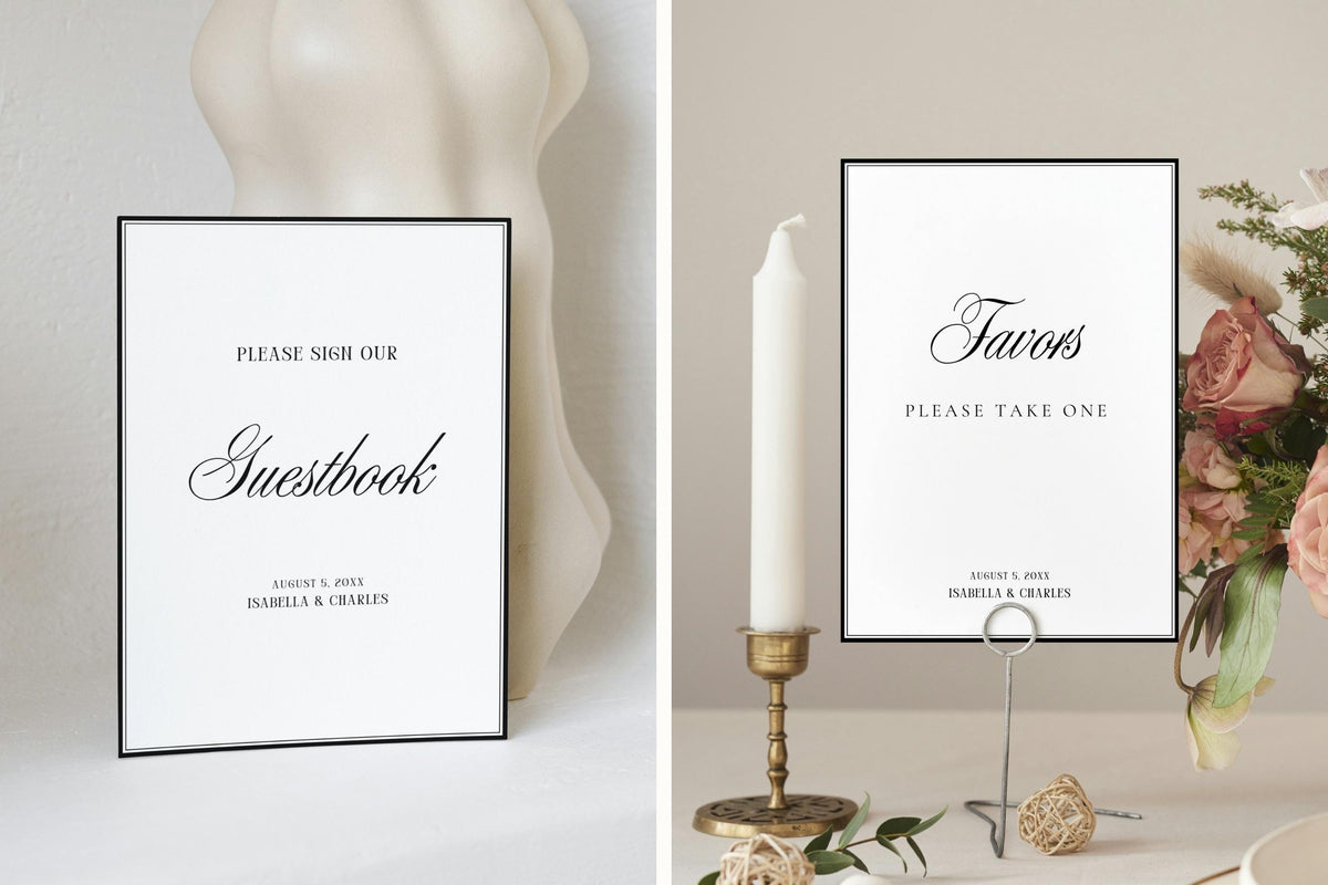 Minimalist guestbook sign and wedding favours sign displayed on a styled wedding table setup, neutral modern wedding signage editable in Canva and printable at home or professionally