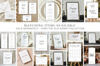 A collage of wedding stationery and invitation designs with the text 'MATCHING ITEMS AVAILABLE - SOLD SEPARATELY - SHOP THE OLD MONEY COLLECTION.' The images show elegant white cards with black script and serif typography, styled with neutral backgrounds, gold accents, and small decor elements.