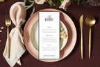 Old money wedding menu card displayed on elegant place setting with gold cutlery and mauve napkin, tall 4x9 editable wedding menu template, printable classic serif and script menu design.
