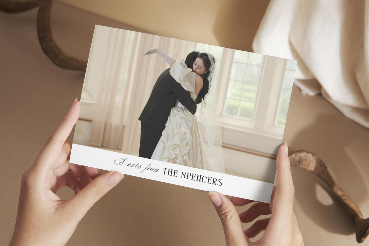 Editable wedding thank you card template with modern editorial photo, luxury minimalist wedding thank you card printable, Canva wedding thank you postcard, elegant newlywed photo card download