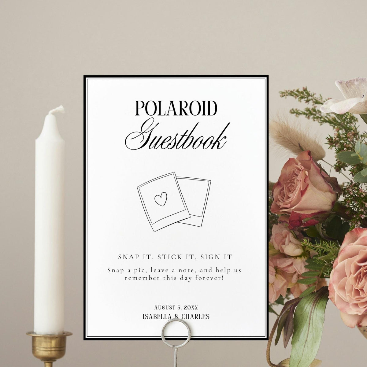 Wedding Polaroid Guestbook Sign Styled with Flowers, Printable Guest Book Sign Template, Editable Canva Wedding Reception Decor