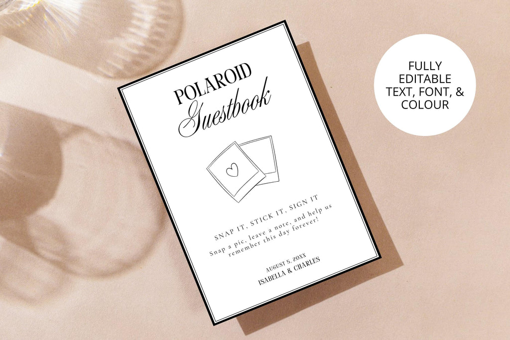 Flat Lay Polaroid Guestbook Wedding Sign Template, Editable Canva Wedding Sign, Fully Editable Text Font and Colours Printable