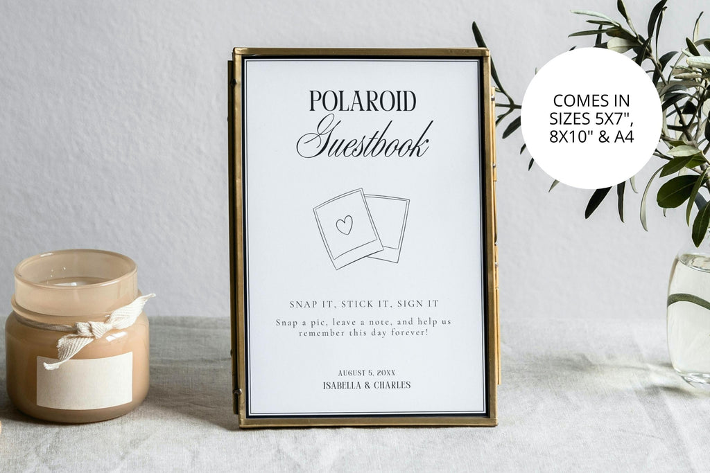 Polaroid Guestbook Sign Template with Size Badge, Editable Wedding Guest Book Sign Printable, Modern Minimalist Reception Decor