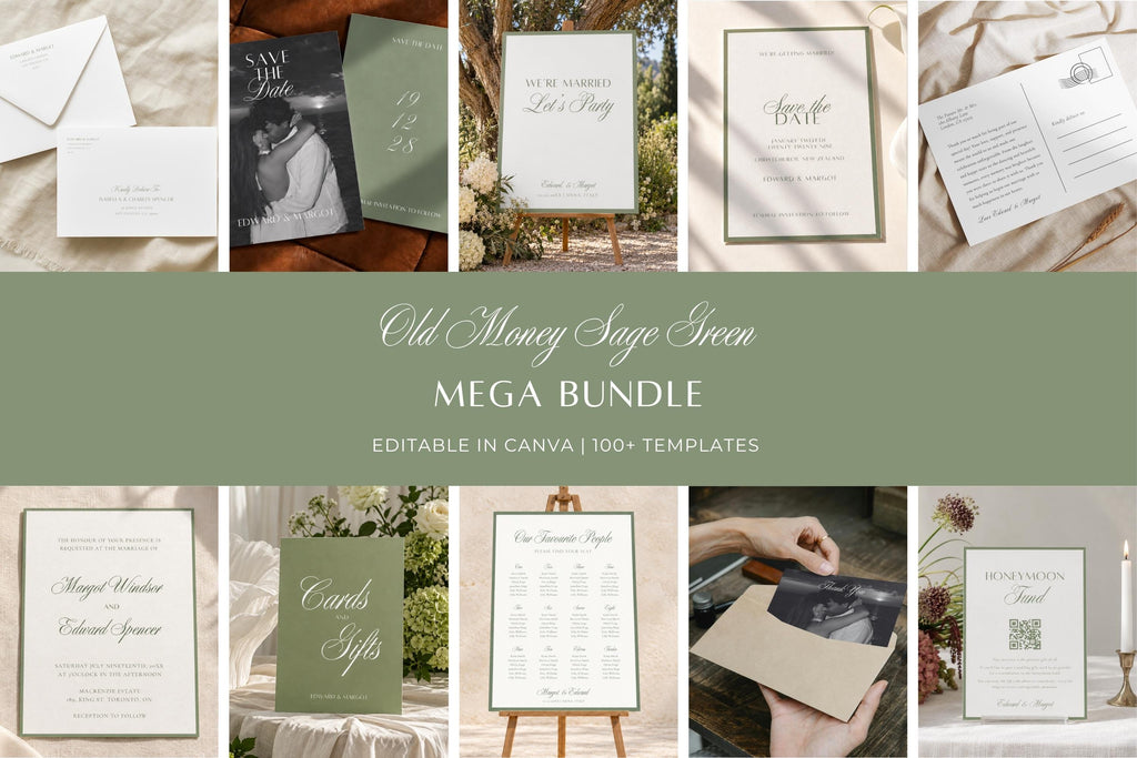 Old money sage green wedding mega bundle with editable Canva templates, featuring matching invitations, wedding signage, menus, place cards and photo stationery in an elegant romantic design.