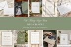 Old money sage green wedding mega bundle with editable Canva templates, featuring matching invitations, wedding signage, menus, place cards and photo stationery in an elegant romantic design.