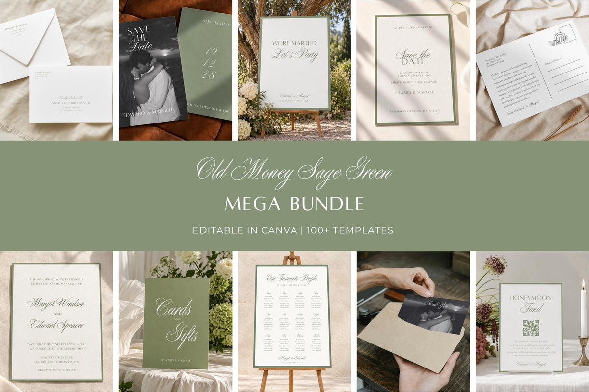 Old money sage green wedding mega bundle with editable Canva templates, featuring matching invitations, wedding signage, menus, place cards and photo stationery in an elegant romantic design.