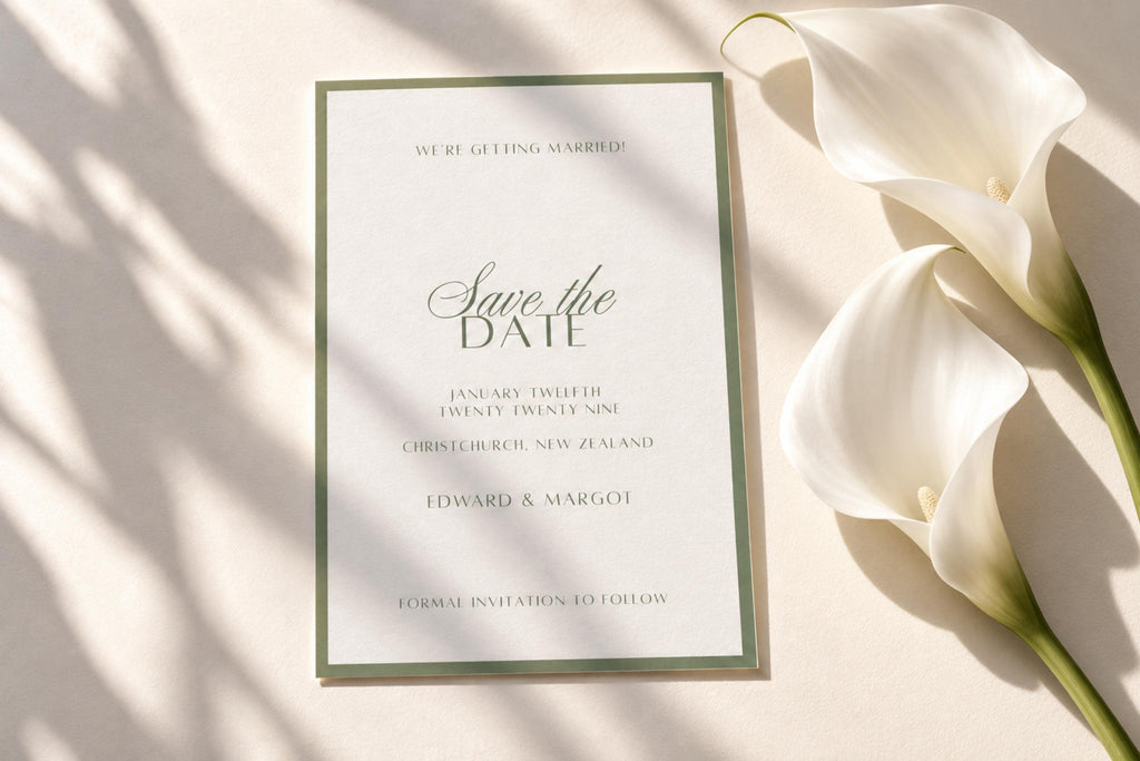 Old money save the date template with a sage green border and elegant script typography, styled on ivory fabric beside white calla lilies for a classic romantic wedding invitation suite.