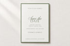 Sage green save the date template with elegant script lettering and a thin green border, displayed on textured ivory card in natural light. Editable Canva wedding announcement for a classic old money wedding.