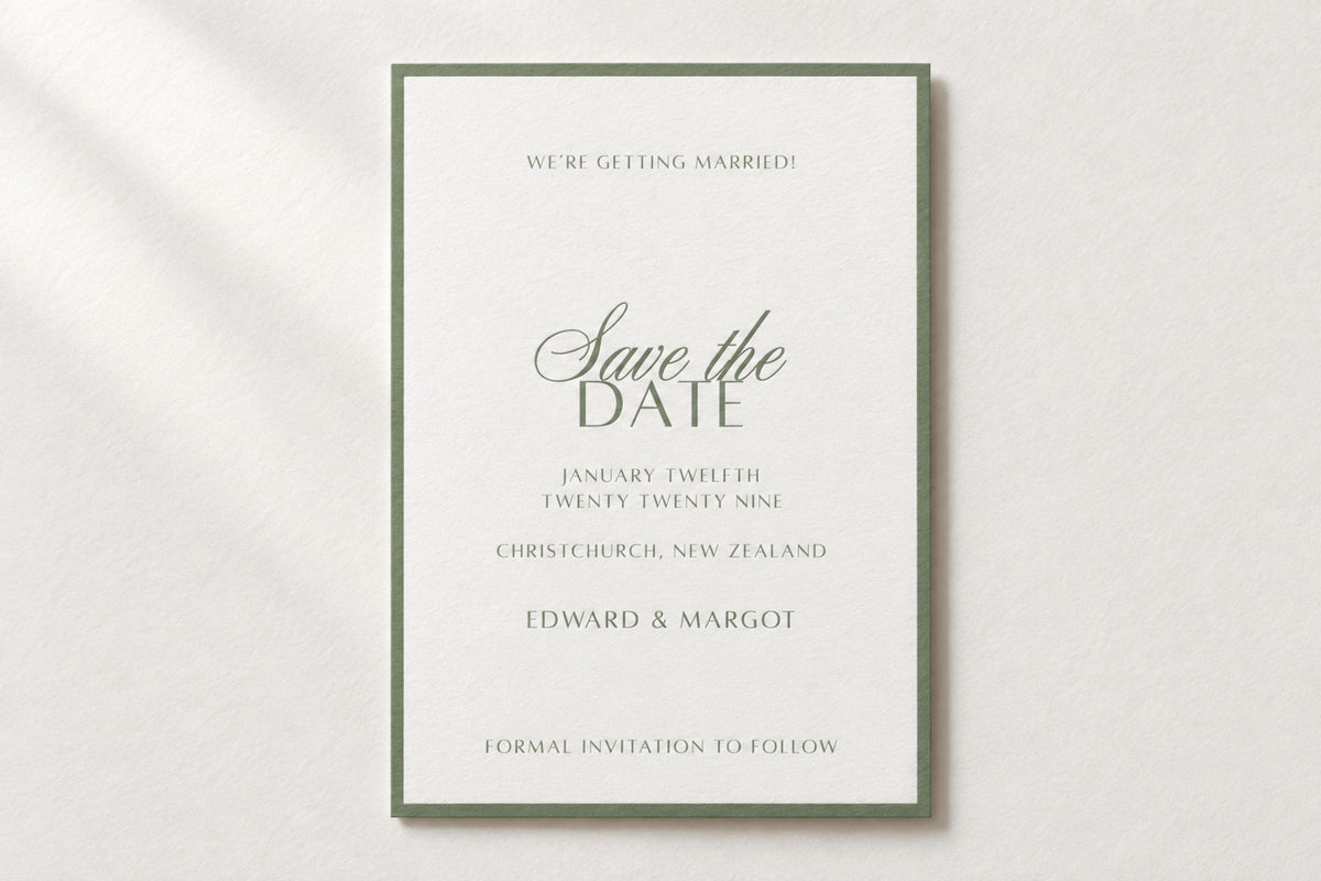 Sage green save the date template with elegant script lettering and a thin green border, displayed on textured ivory card in natural light. Editable Canva wedding announcement for a classic old money wedding.
