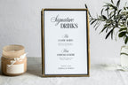 Modern wedding signature drinks sign printable, editable Canva wedding bar menu template, elegant reception cocktail sign, timeless black and white wedding decor