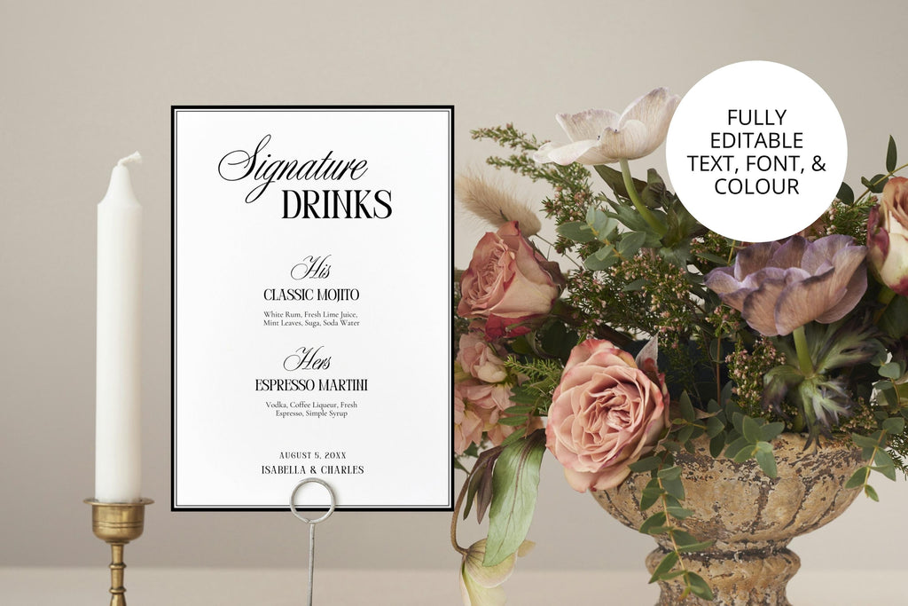 Editable wedding drinks menu sign template, minimalist signature cocktails wedding sign, printable reception bar menu, modern Canva wedding signage with instant download