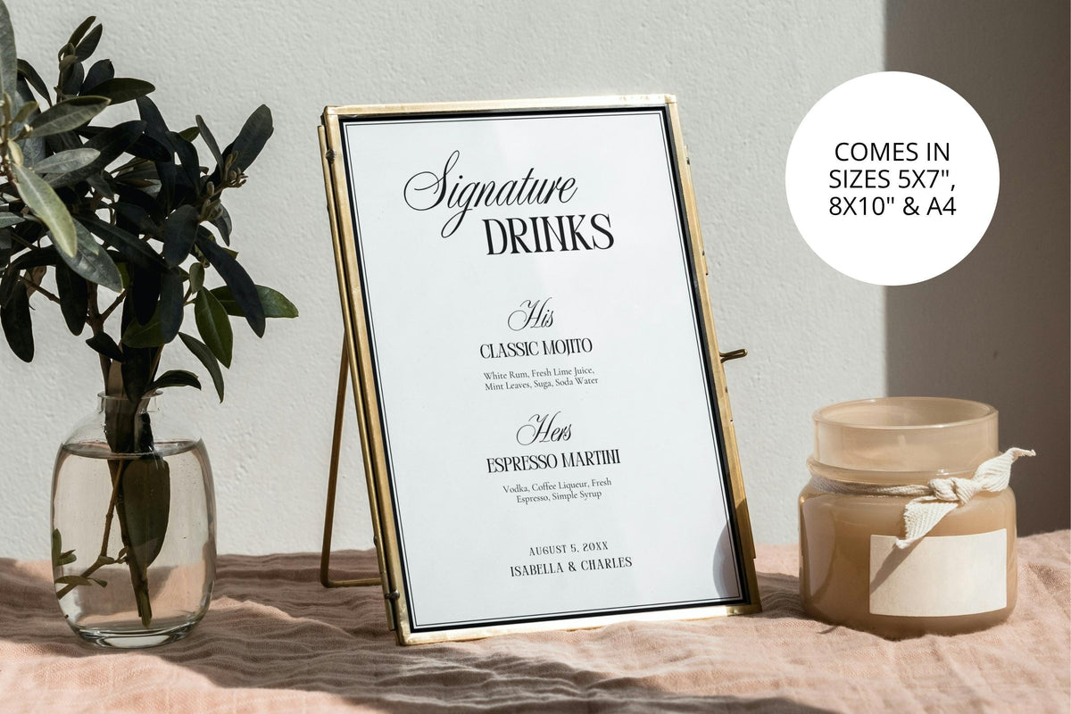 Editable signature drinks sign template in Canva, minimalist wedding bar menu printable, classic black and white wedding cocktail sign, instant digital download