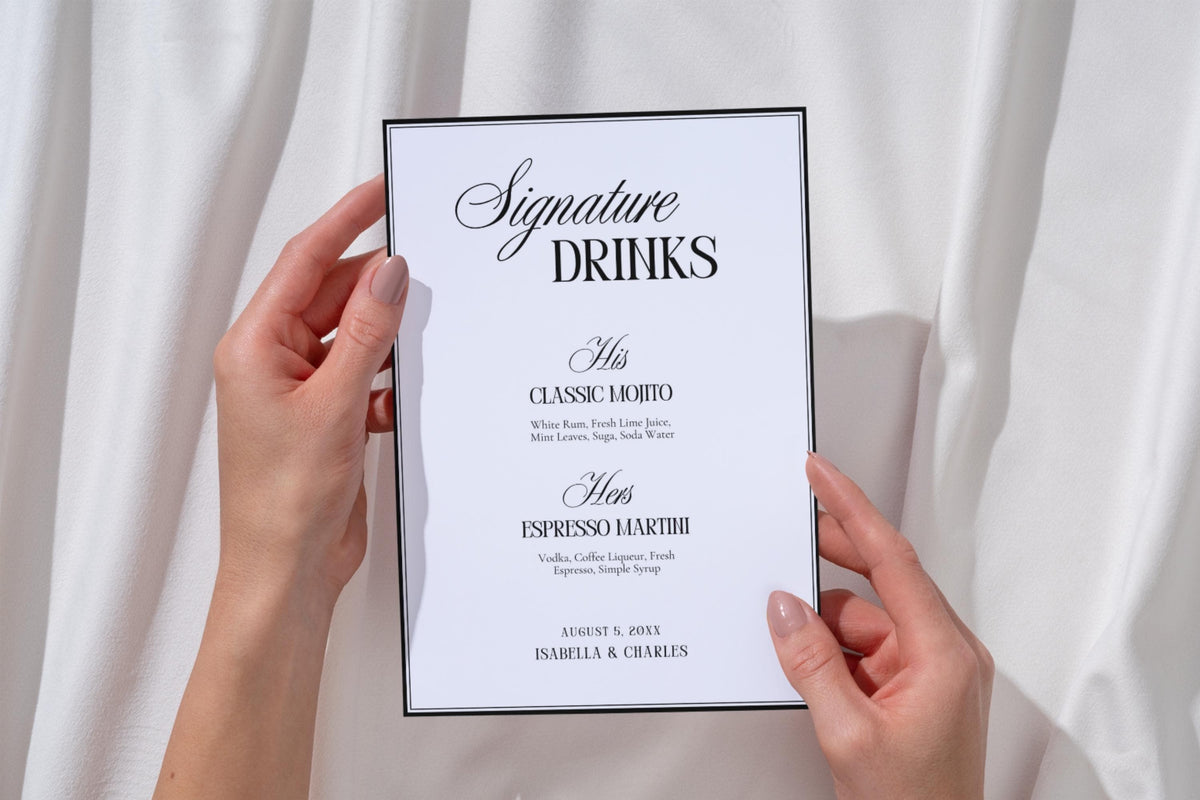 Editable signature drinks wedding sign Canva template shown handheld, printable minimalist wedding cocktail menu, instant download wedding bar sign, modern reception signage