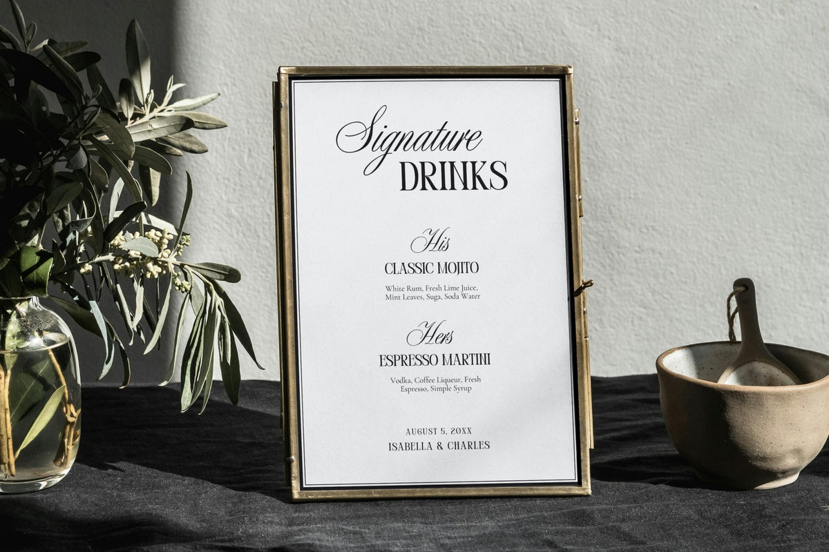 Classic wedding signature drinks sign printable, elegant black and white wedding bar menu template, editable Canva cocktail sign for wedding reception decor