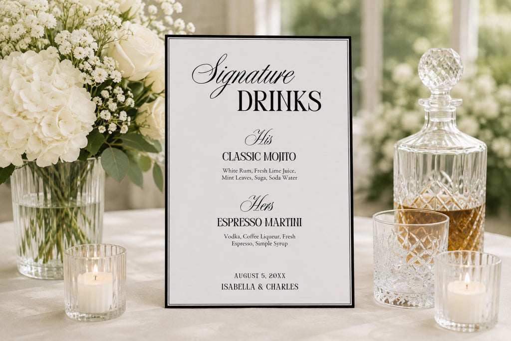 Signature drinks wedding sign template, elegant black and white bar menu sign, printable Canva wedding drinks menu, modern minimalist wedding reception bar sign