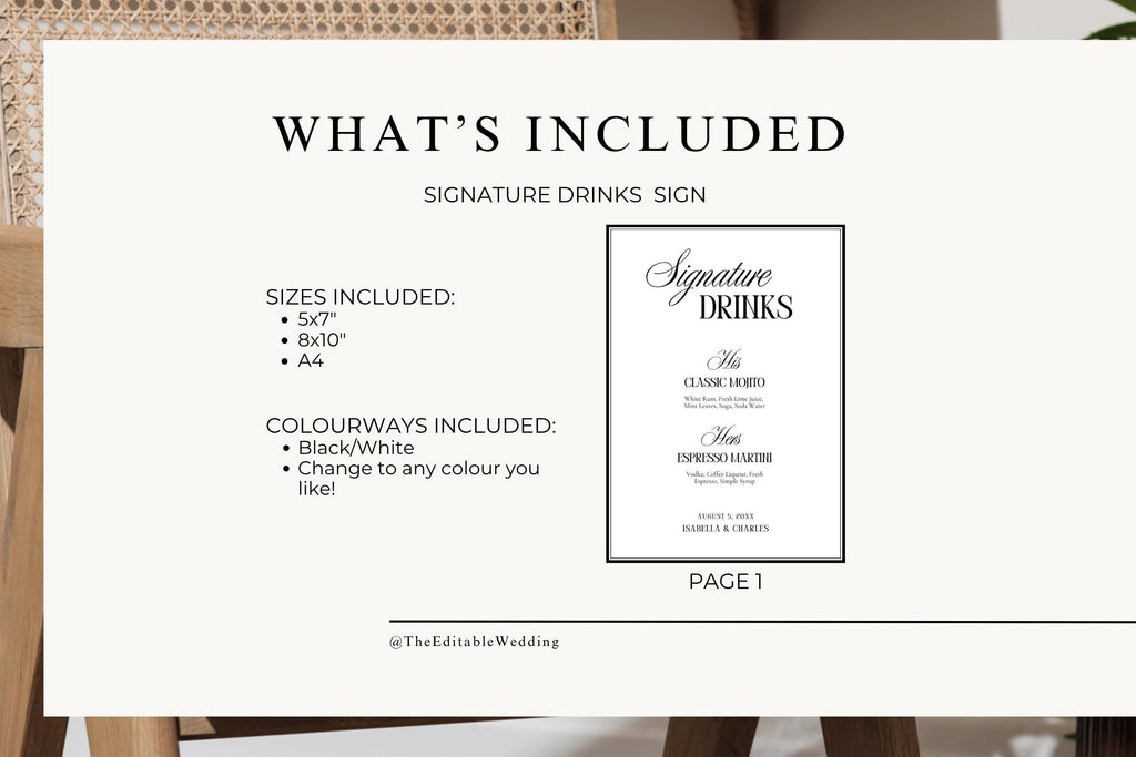 What's included editable Canva wedding sign template, signature drinks printable wedding bar menu, instant download digital wedding sign, fully editable reception signage
