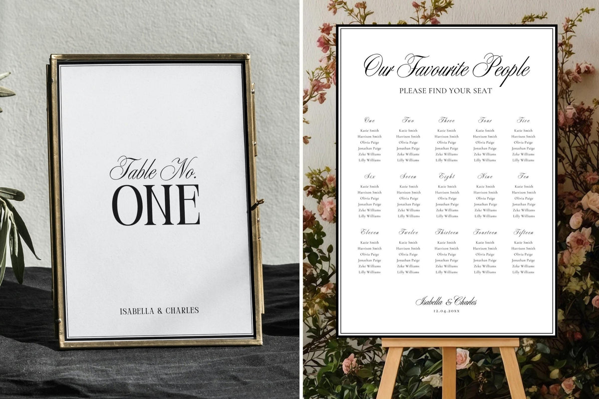Minimalist table number one wedding sign displayed in a gold frame, classic old money wedding table signage editable in Canva and printable