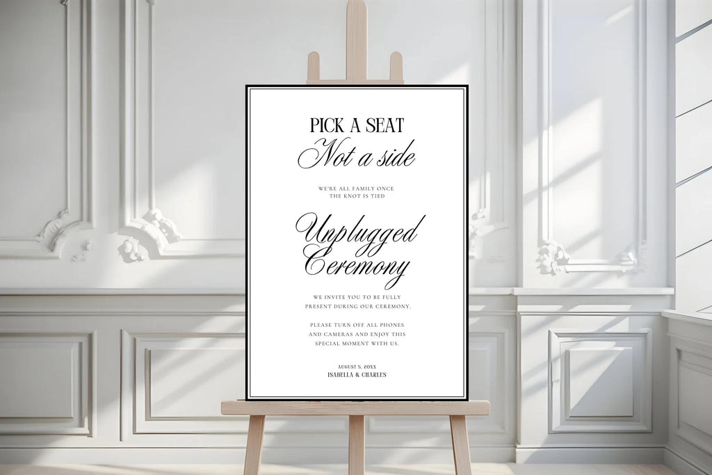 Modern editable unplugged ceremony sign printable in elegant wedding venue, minimalist wedding signage template, black and white ceremony sign, Canva wedding template instant download, A1 wedding sign