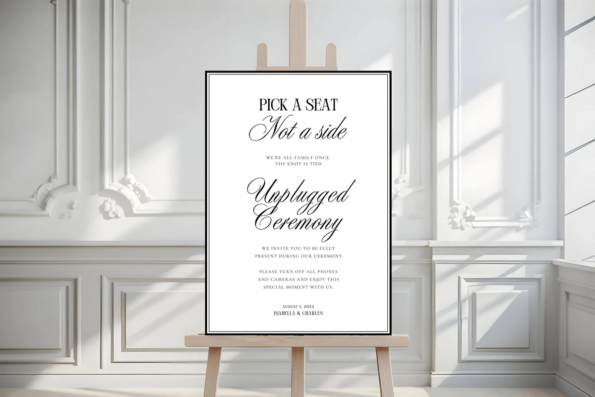 Modern editable unplugged ceremony sign printable in elegant wedding venue, minimalist wedding signage template, black and white ceremony sign, Canva wedding template instant download, A1 wedding sign