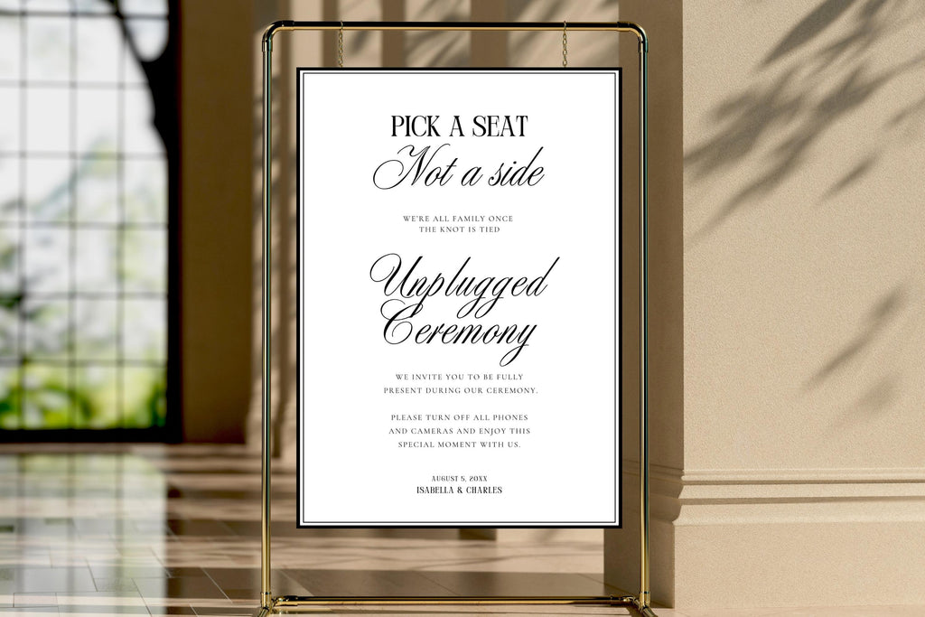 Luxury unplugged ceremony wedding sign template in gold frame, editable Canva wedding welcome sign, printable elegant wedding ceremony decor, modern minimalist wedding signage instant download