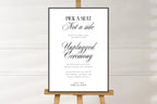 Editable unplugged ceremony sign template isolated on wooden easel, printable minimalist wedding sign, elegant black and white ceremony decor, Canva wedding template instant download, A1 wedding printable