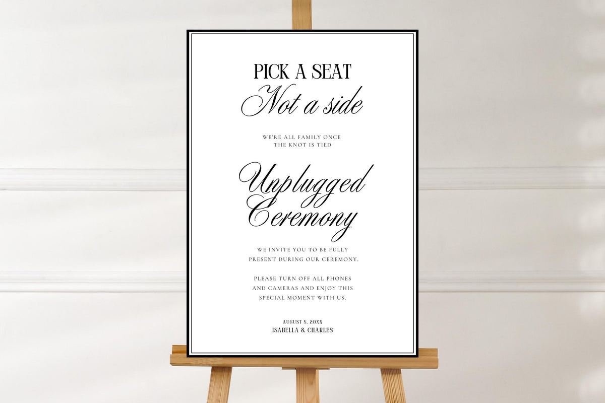 Editable unplugged ceremony sign template isolated on wooden easel, printable minimalist wedding sign, elegant black and white ceremony decor, Canva wedding template instant download, A1 wedding printable