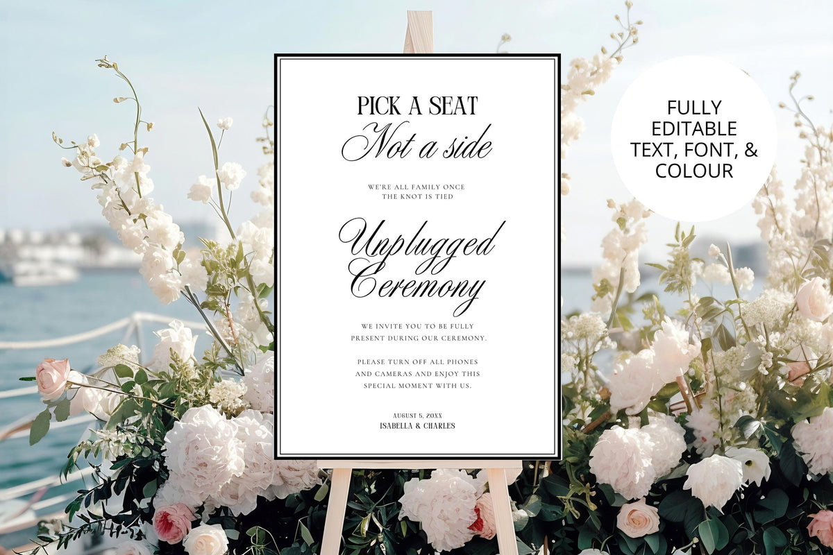 Beach wedding unplugged ceremony sign template, editable destination wedding welcome sign, printable minimalist ceremony decor, elegant Canva wedding sign, instant download coastal wedding signage