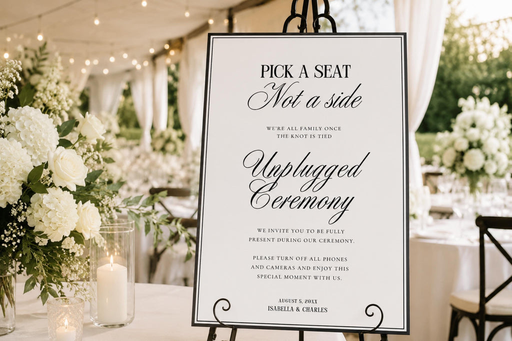 Editable unplugged ceremony sign template, modern minimalist wedding welcome sign, printable A1 wedding ceremony sign, elegant black and white wedding decor, Canva instant download, wedding seating sign template