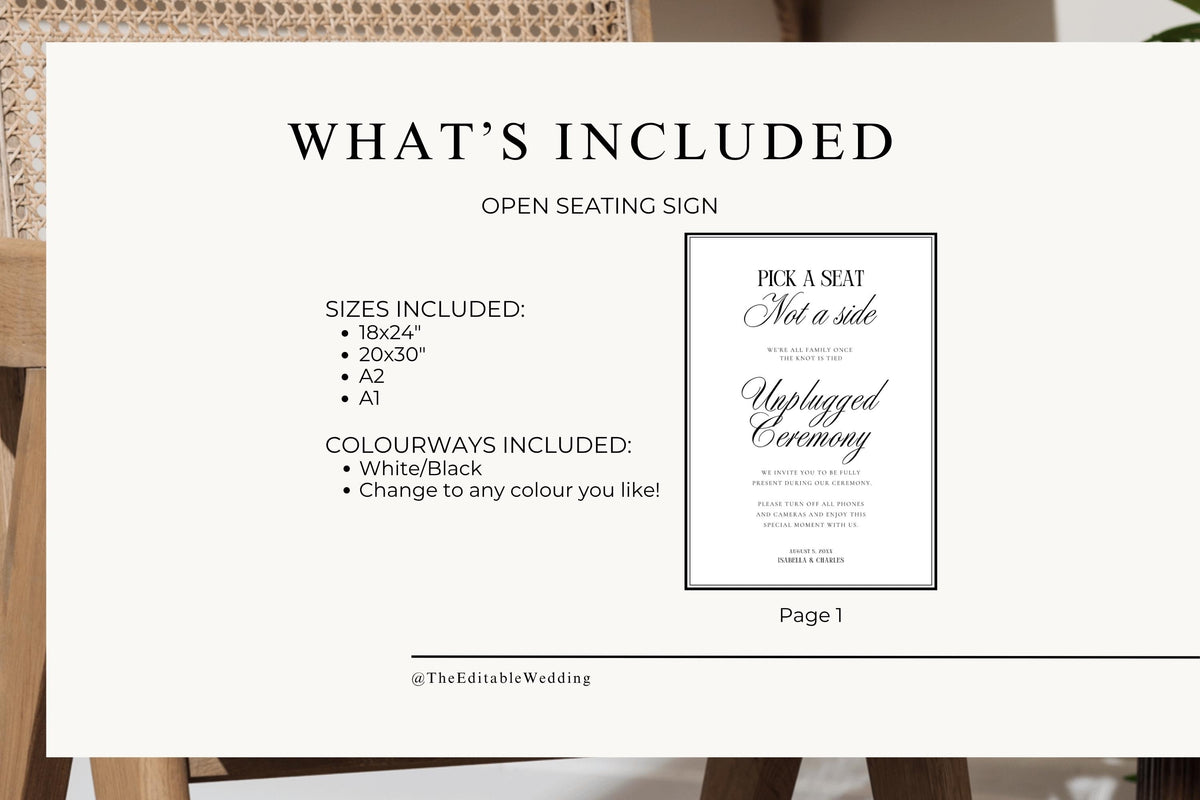 What's included Canva wedding sign template listing, editable unplugged ceremony printable, instant download wedding sign template, customizable A1 wedding signage, easy to edit wedding decor template