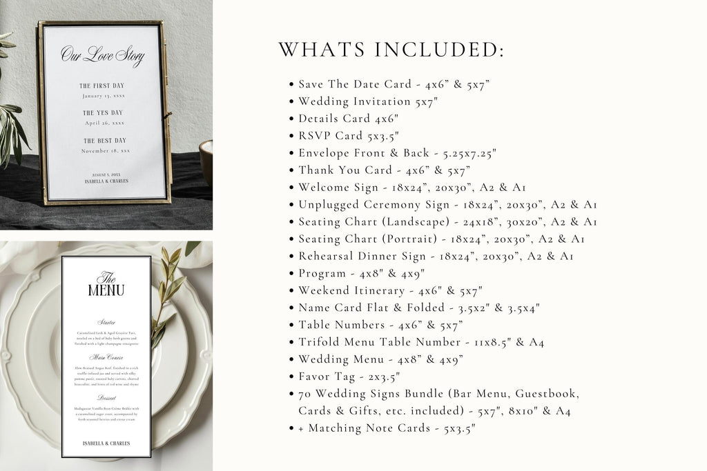 What’s included in the old money wedding bundle showing a full list of editable wedding stationery and signage templates in multiple printable sizes