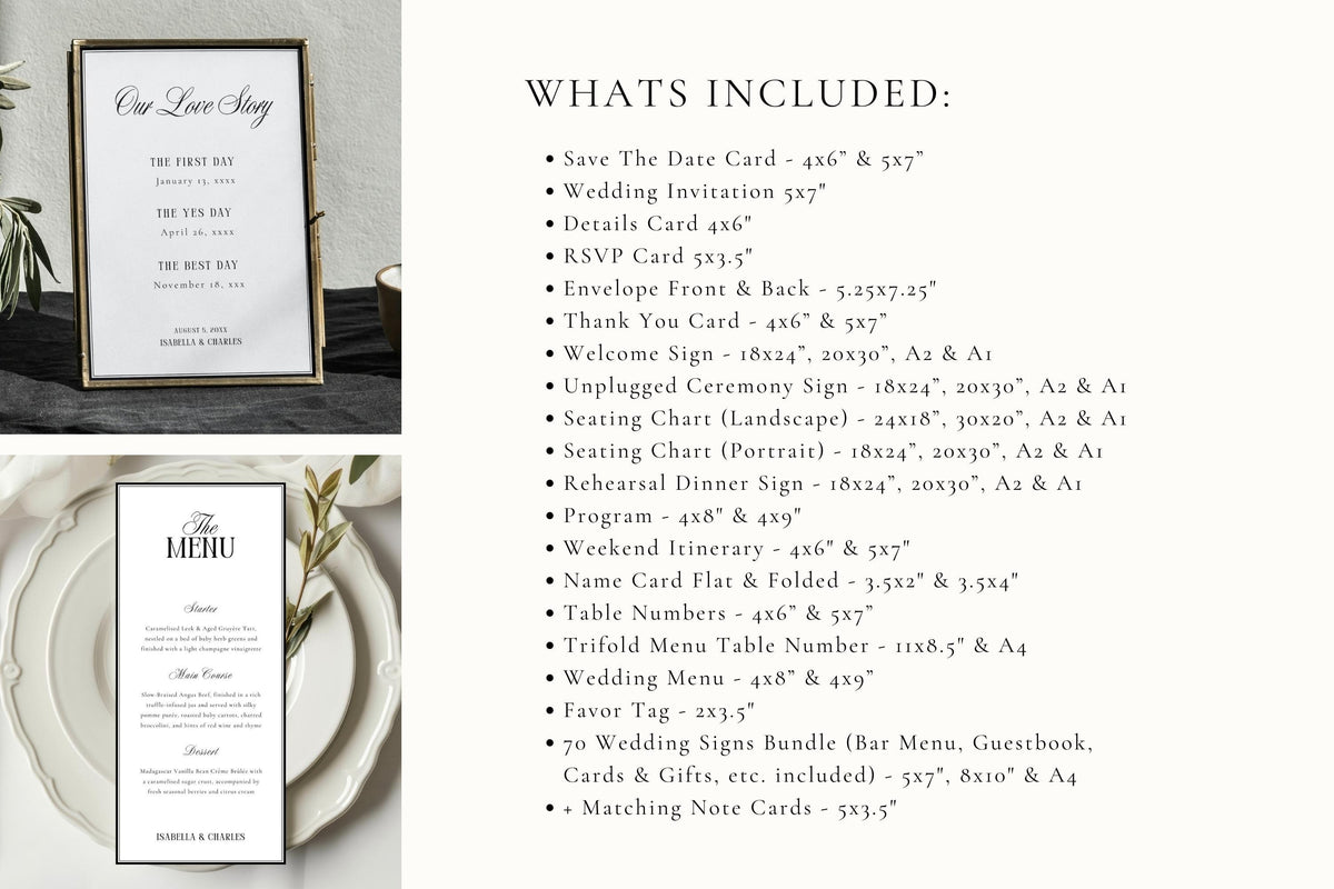 What’s included in the old money wedding bundle showing a full list of editable wedding stationery and signage templates in multiple printable sizes