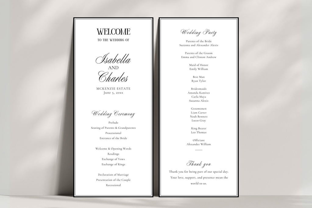Minimalist wedding menu and welcome sign displayed together, classic black and white wedding signage editable in Canva