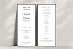 Minimalist wedding menu and welcome sign displayed together, classic black and white wedding signage editable in Canva