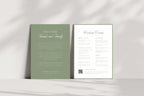 Sage green and ivory wedding welcome letter and itinerary cards displayed upright with soft natural shadows, featuring elegant typography for a classic destination wedding welcome bag.