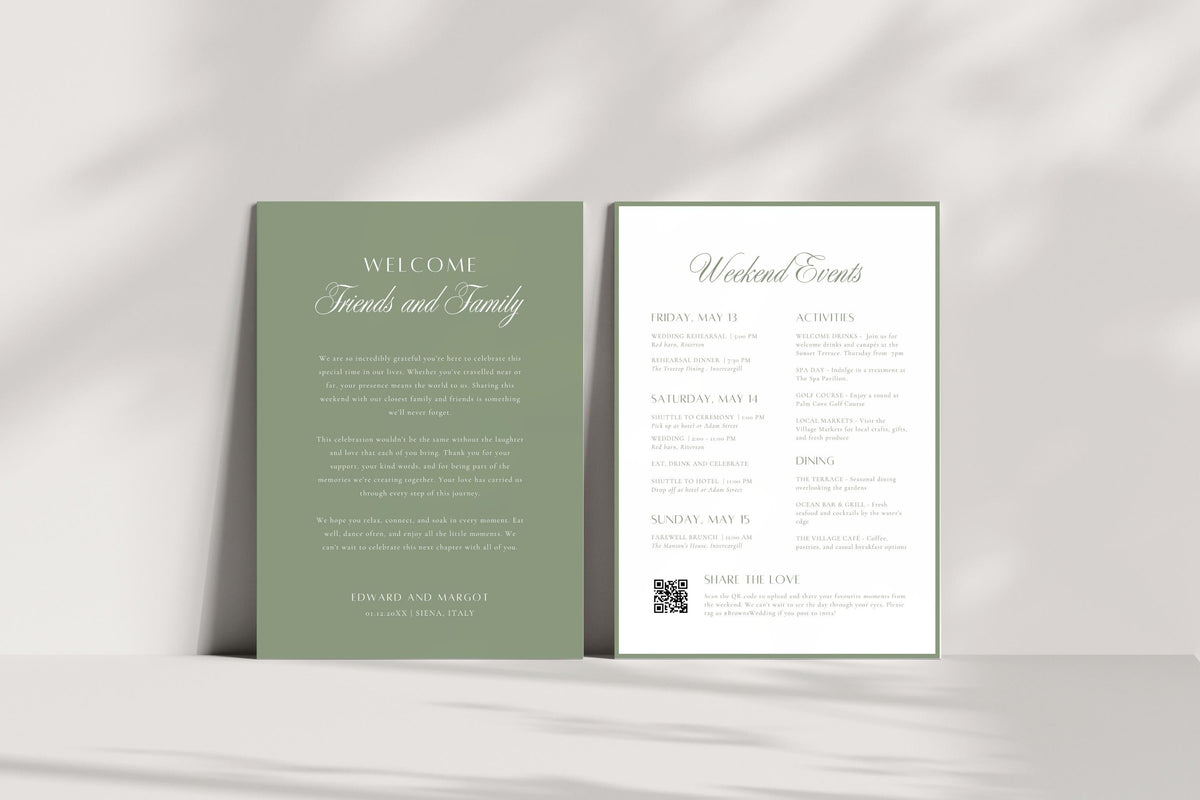 Sage green and ivory wedding welcome letter and itinerary cards displayed upright with soft natural shadows, featuring elegant typography for a classic destination wedding welcome bag.
