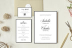 Minimalist wedding invitation suite template editable in Canva with invitation, details card and RSVP card, elegant old money wedding stationery