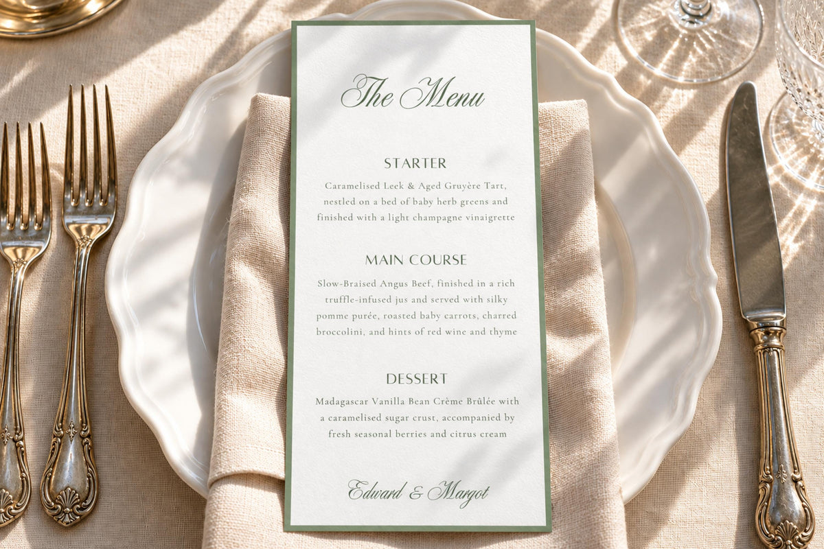 Elegant printable wedding dinner menu with sage green lettering and a classic border, resting on a folded ivory napkin and scalloped plate in natural sunlight, ideal for romantic country club wedding table styling.