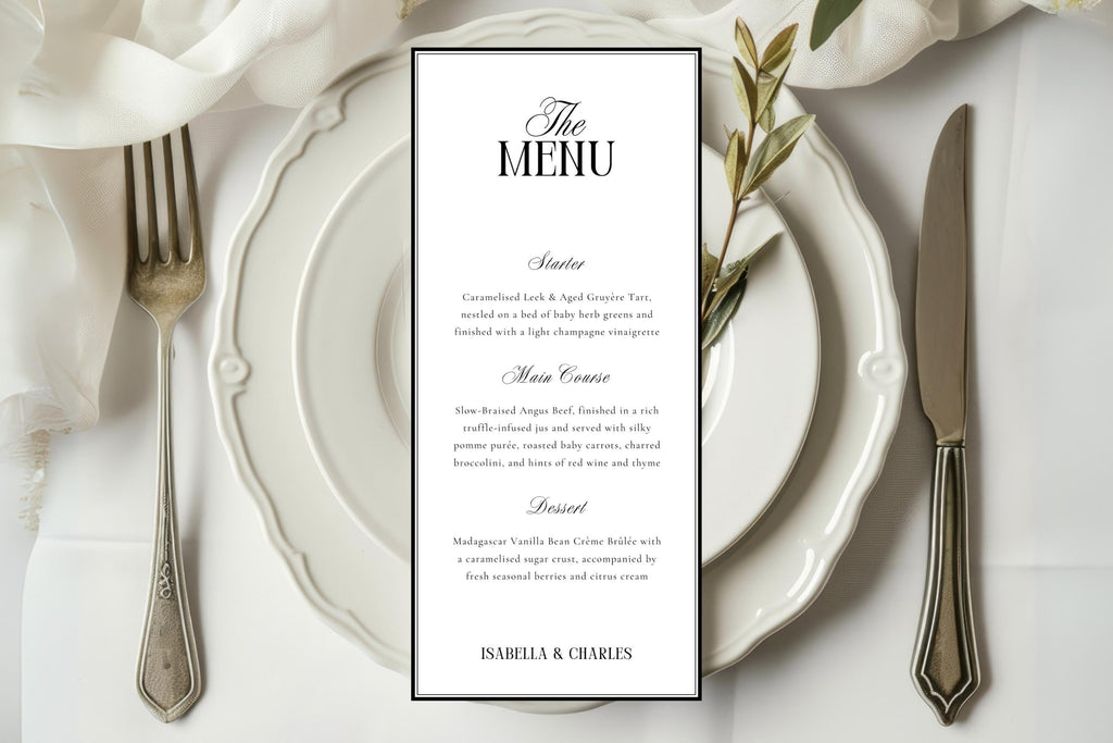 Elegant wedding menu template editable in Canva, minimalist reception menu printable, black and white wedding place setting menu card