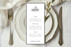 Elegant wedding menu template editable in Canva, minimalist reception menu printable, black and white wedding place setting menu card