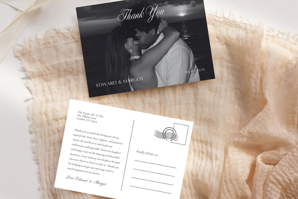 Old money wedding thank you postcard set with a black and white couple photo front and ivory message reverse, styled on softly gathered neutral fabric for elegant personalised wedding stationery.