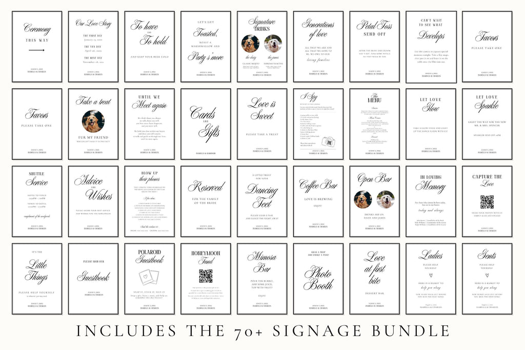 70 plus editable wedding sign templates bundle for Canva including welcome signs, seating charts, guestbook signs, bar signs and wedding decor printables