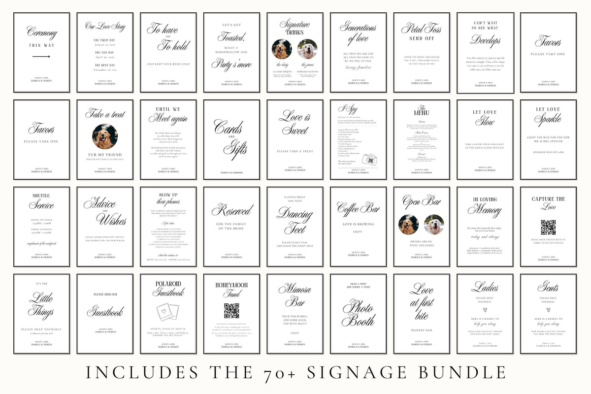 70 plus editable wedding sign templates bundle for Canva including welcome signs, seating charts, guestbook signs, bar signs and wedding decor printables