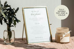 Editable sage green wedding sign displayed in a gold frame with greenery and a candle, showing the sign’s customisable text, font and colour options.