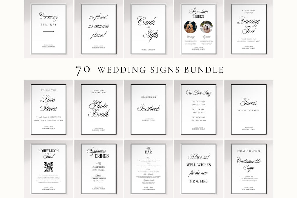 Minimalist wedding signs bundle preview showing 70 editable wedding sign templates including welcome sign, seating sign, bar sign, guestbook sign, favour sign and ceremony signage in a modern neutral Canva style