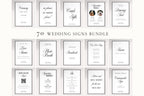 Minimalist wedding signs bundle preview showing 70 editable wedding sign templates including welcome sign, seating sign, bar sign, guestbook sign, favour sign and ceremony signage in a modern neutral Canva style