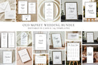 Old money wedding bundle preview showing elegant minimalist wedding stationery and signage including invitations, menus, seating charts, table numbers and wedding signs editable in Canva