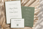 Sage green wedding invitation suite with romantic calligraphy, coordinating details insert and white QR code RSVP card, styled over dried palm leaves for a warm neutral wedding stationery display.