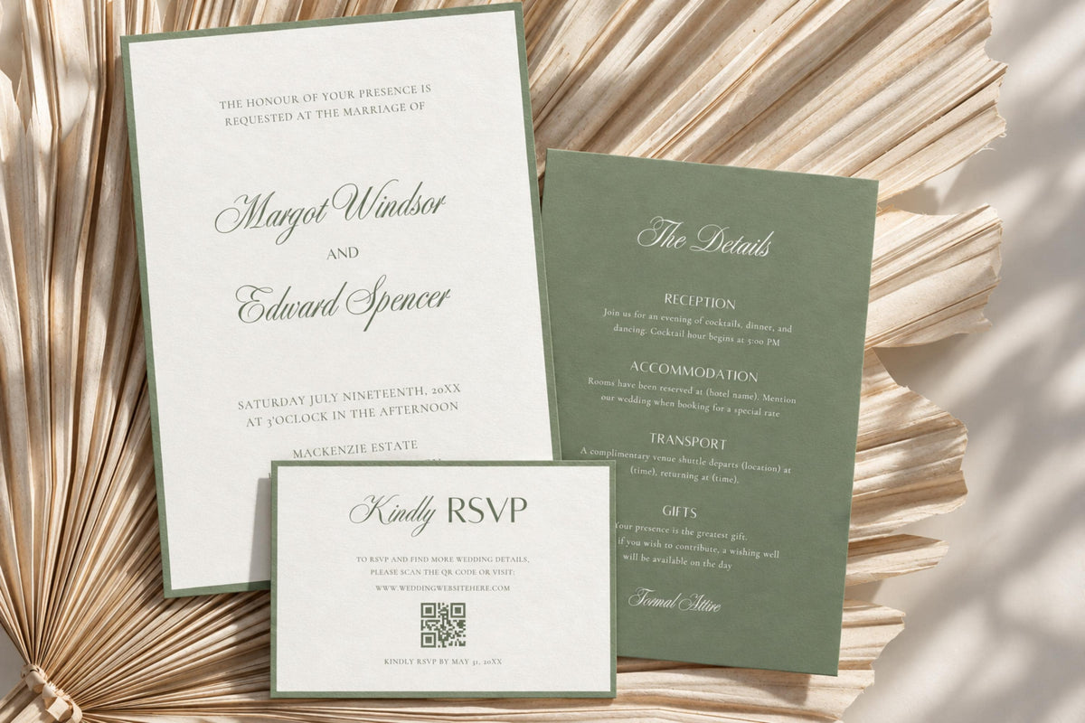 Sage green wedding invitation suite with romantic calligraphy, coordinating details insert and white QR code RSVP card, styled over dried palm leaves for a warm neutral wedding stationery display.